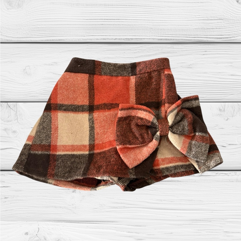 Source Unknown Orange Brown Plaid Girls Skort with Bow